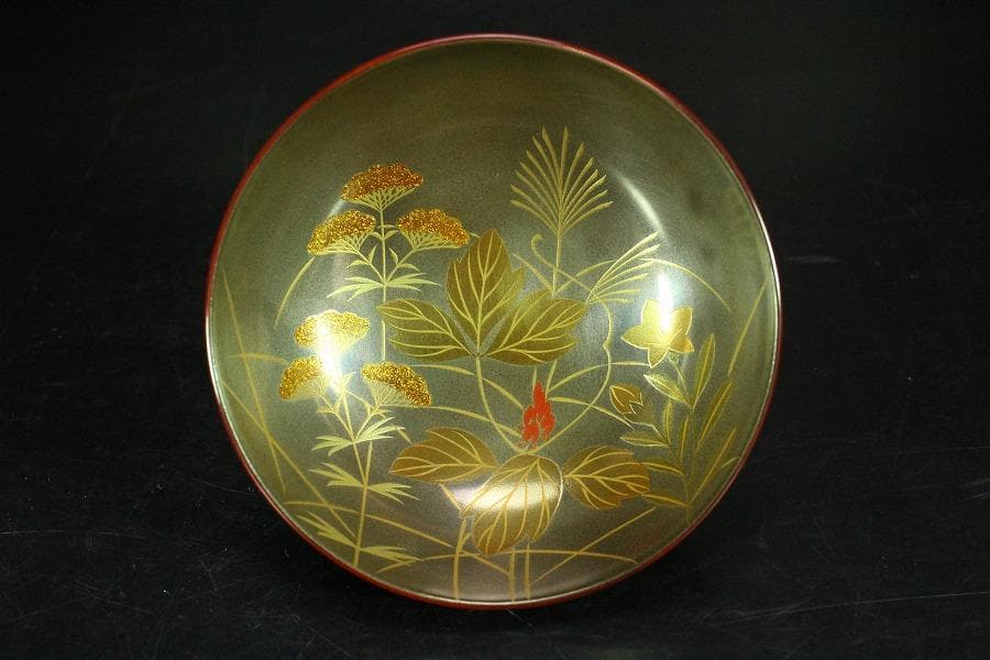 輪島塗 銀地草花紋 溜 糸目 椀 五客 極上(K-XA673)