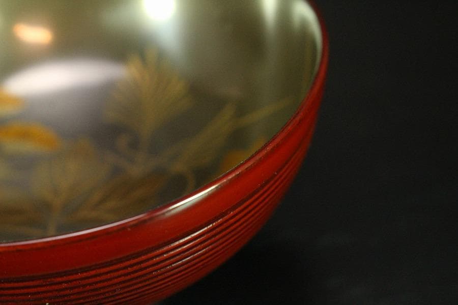 輪島塗 銀地草花紋 溜 糸目 椀 五客 極上(K-XA673)