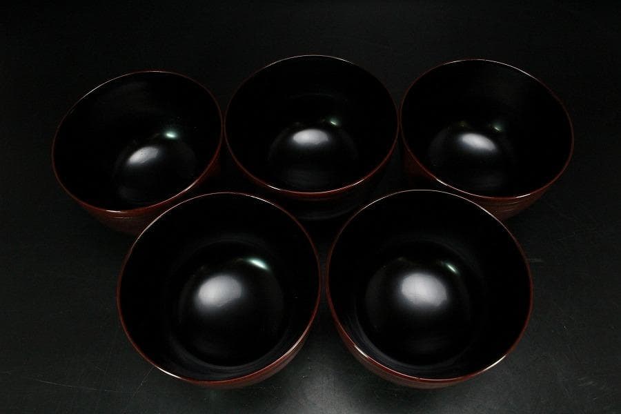 輪島塗 銀地草花紋 溜 糸目 椀 五客 極上(K-XA673)