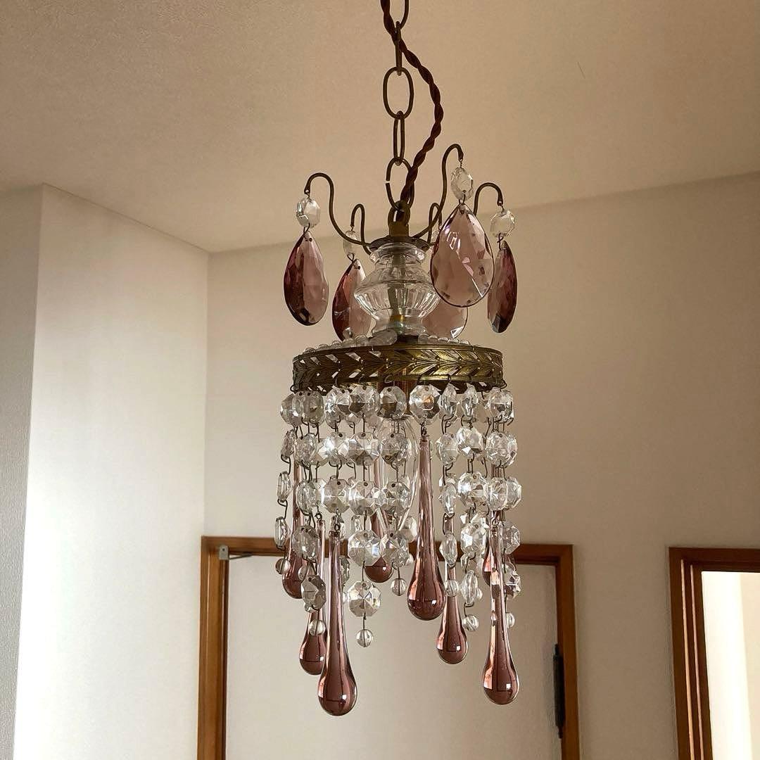 *訳あり クリスタルティアドロップ 1灯シャンデリア 薄紫 フランスアンティーク