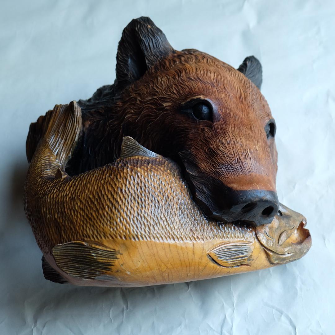 熊マスク／壁掛け／木彫りの熊／鮭