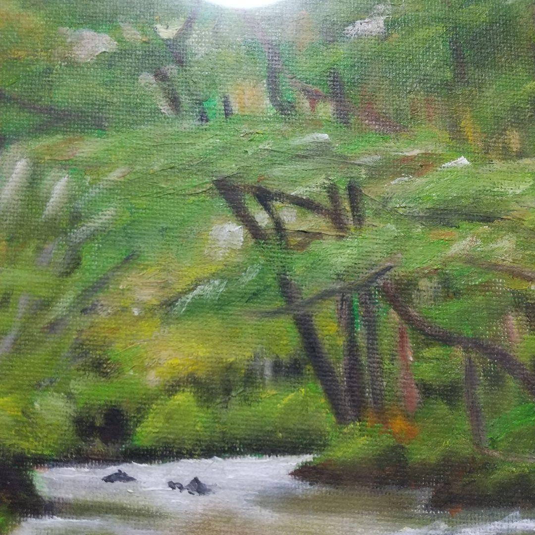 油彩画 川の風景 金色フレーム付き