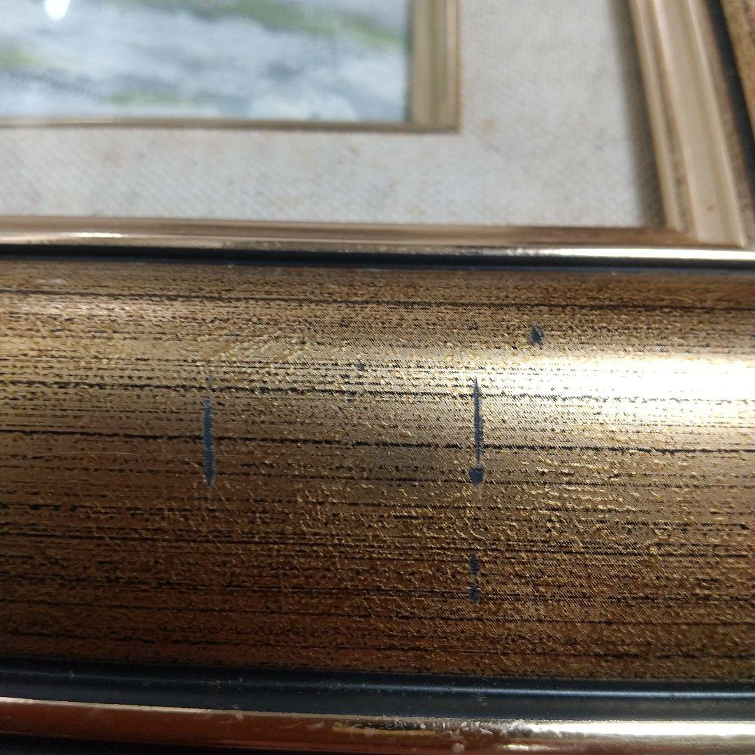 油彩画 川の風景 金色フレーム付き