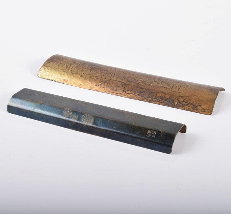 銅製　鎚起銅器　玉川堂造　松葉刻茶合　共箱　漢詩刻茶合　2点　V　R4229