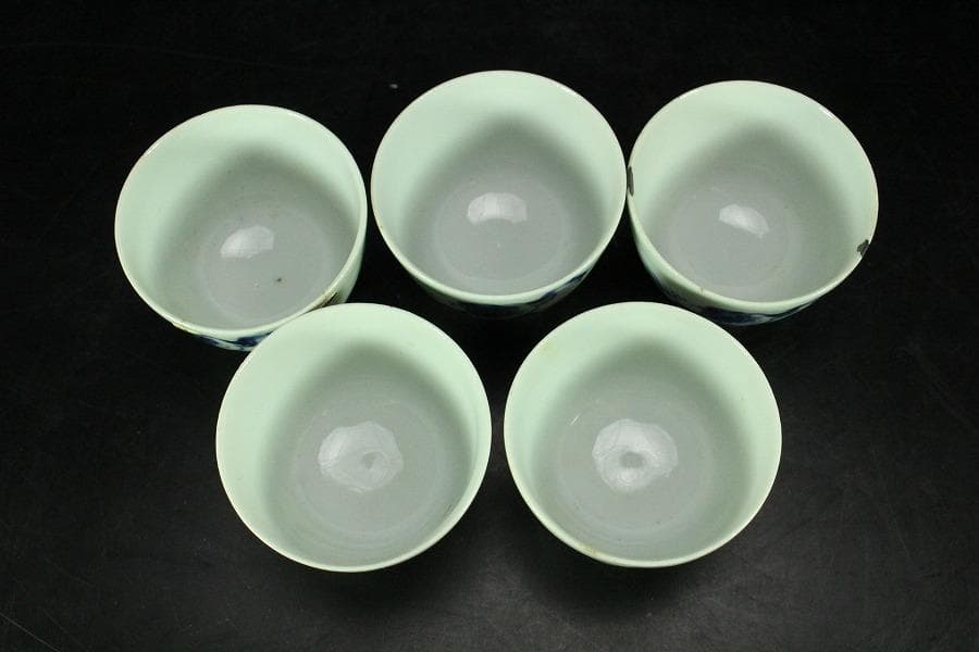 煎茶 染付 蛙 題詞 碗 五件 雅(K-LC760)