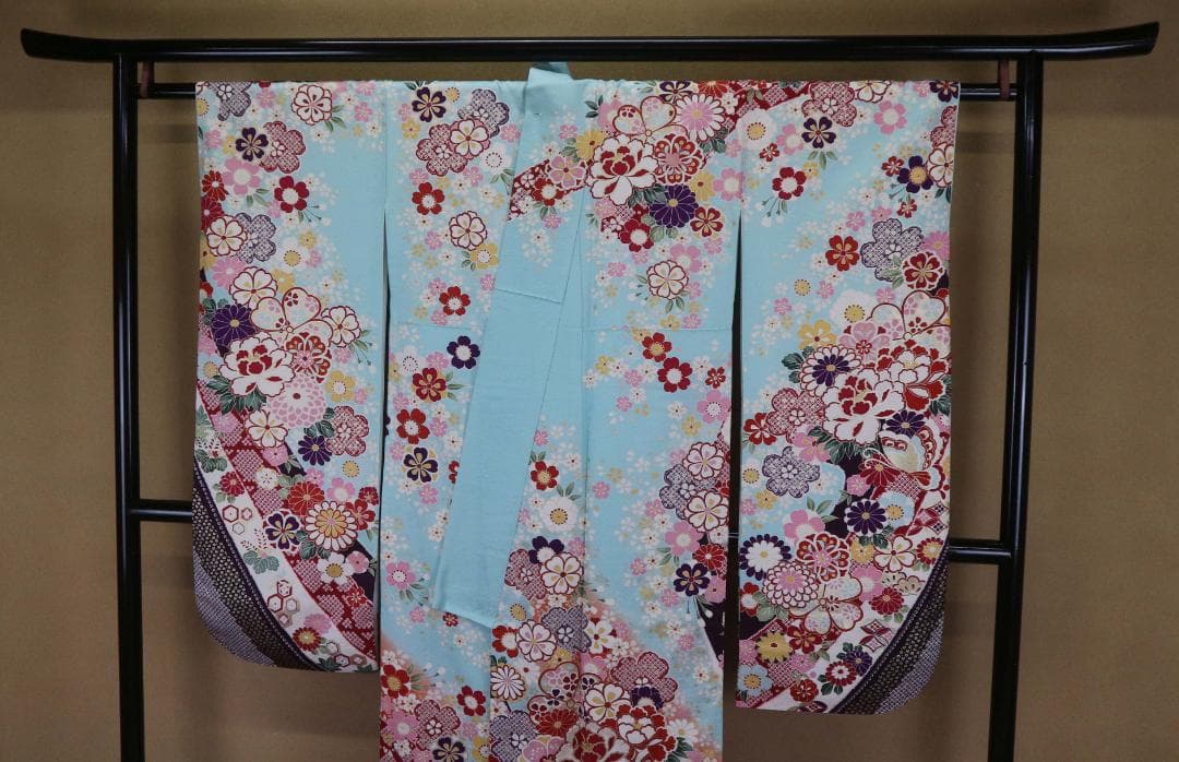 ブルー振袖（正絹）・六通袋帯（正絹）・長襦袢（合繊）三点セット 【美品】Sサイズ