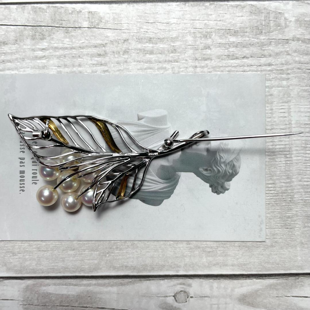 K18 シルバー パール ブローチ ピンバッチ 葉っぱ leaf