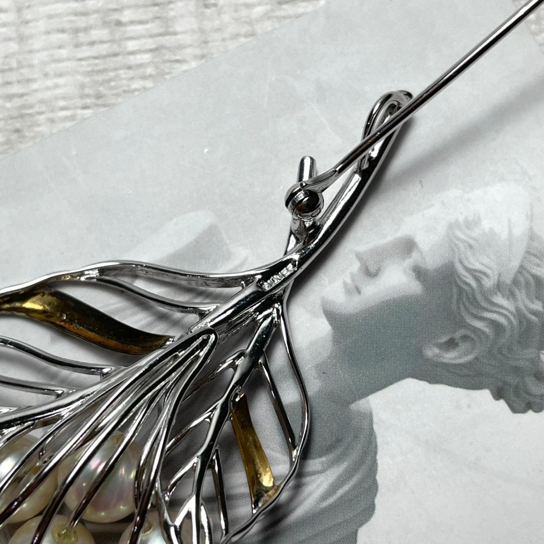 K18 シルバー パール ブローチ ピンバッチ 葉っぱ leaf