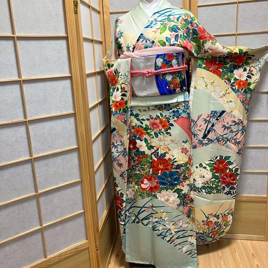 tu様［7144］振袖 笹竹花鳥文 駒刺繍 成人式 卒業式 正絹 着物 袷