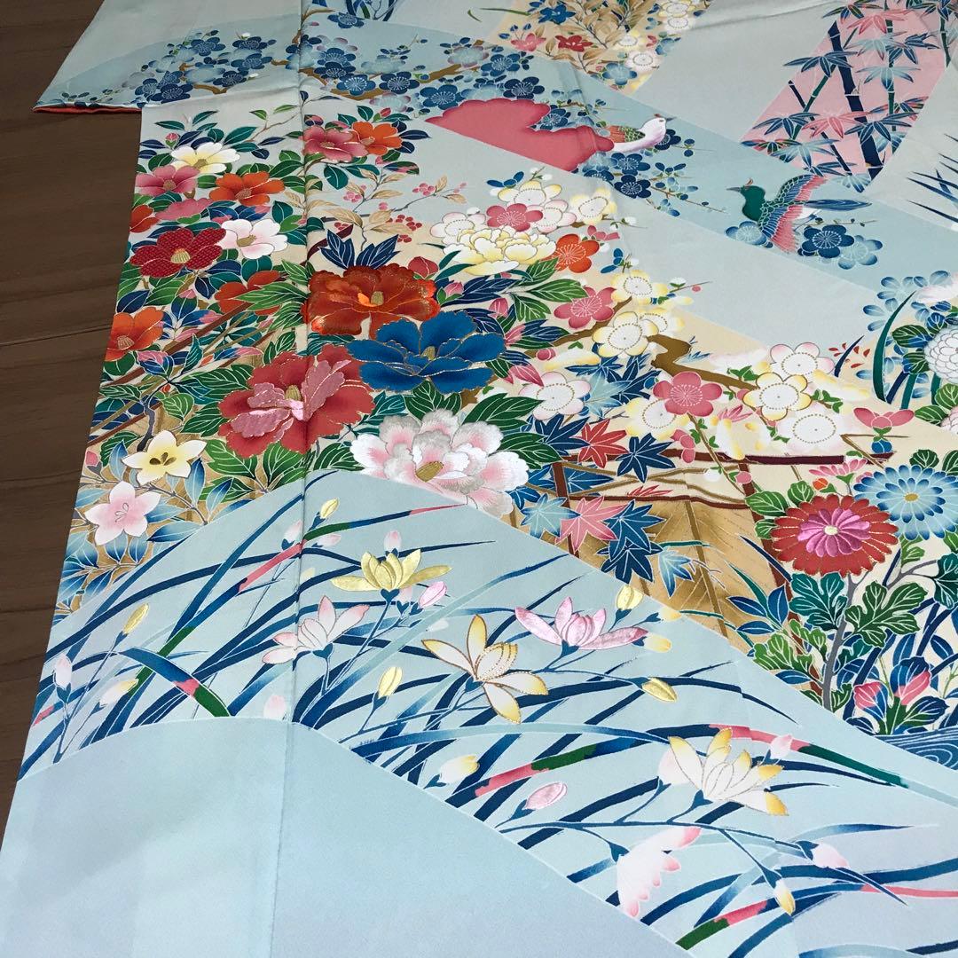 tu様［7144］振袖 笹竹花鳥文 駒刺繍 成人式 卒業式 正絹 着物 袷