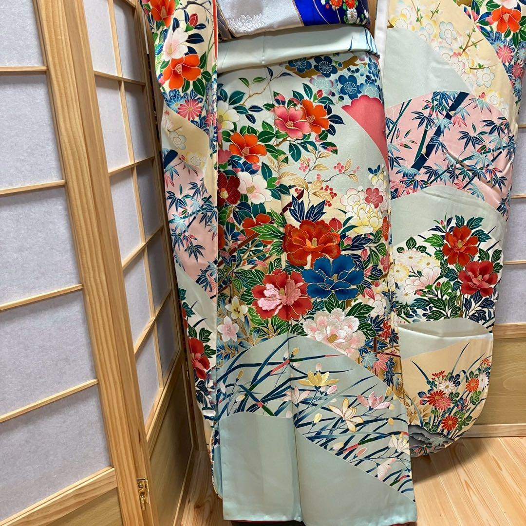 tu様［7144］振袖 笹竹花鳥文 駒刺繍 成人式 卒業式 正絹 着物 袷