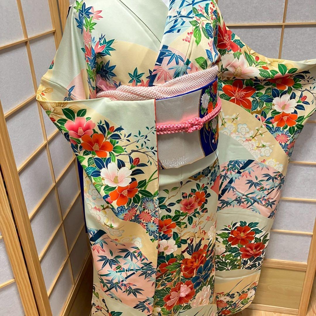 tu様［7144］振袖 笹竹花鳥文 駒刺繍 成人式 卒業式 正絹 着物 袷