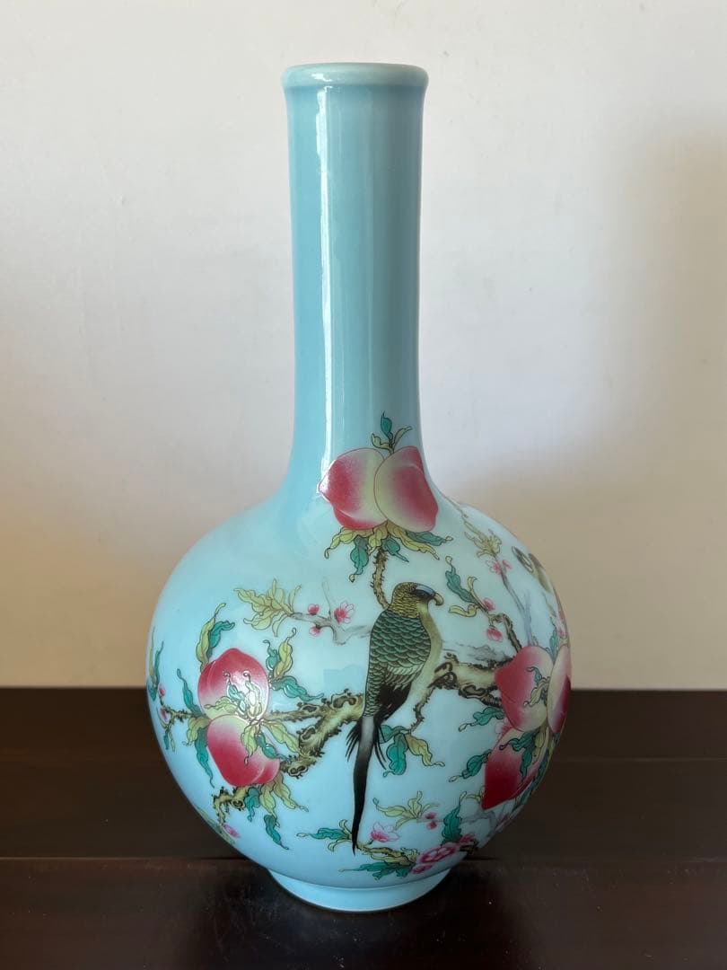 中国古美術/粉彩花鳥紋天球瓶 【大清乾龍年製】在銘/XG4-1