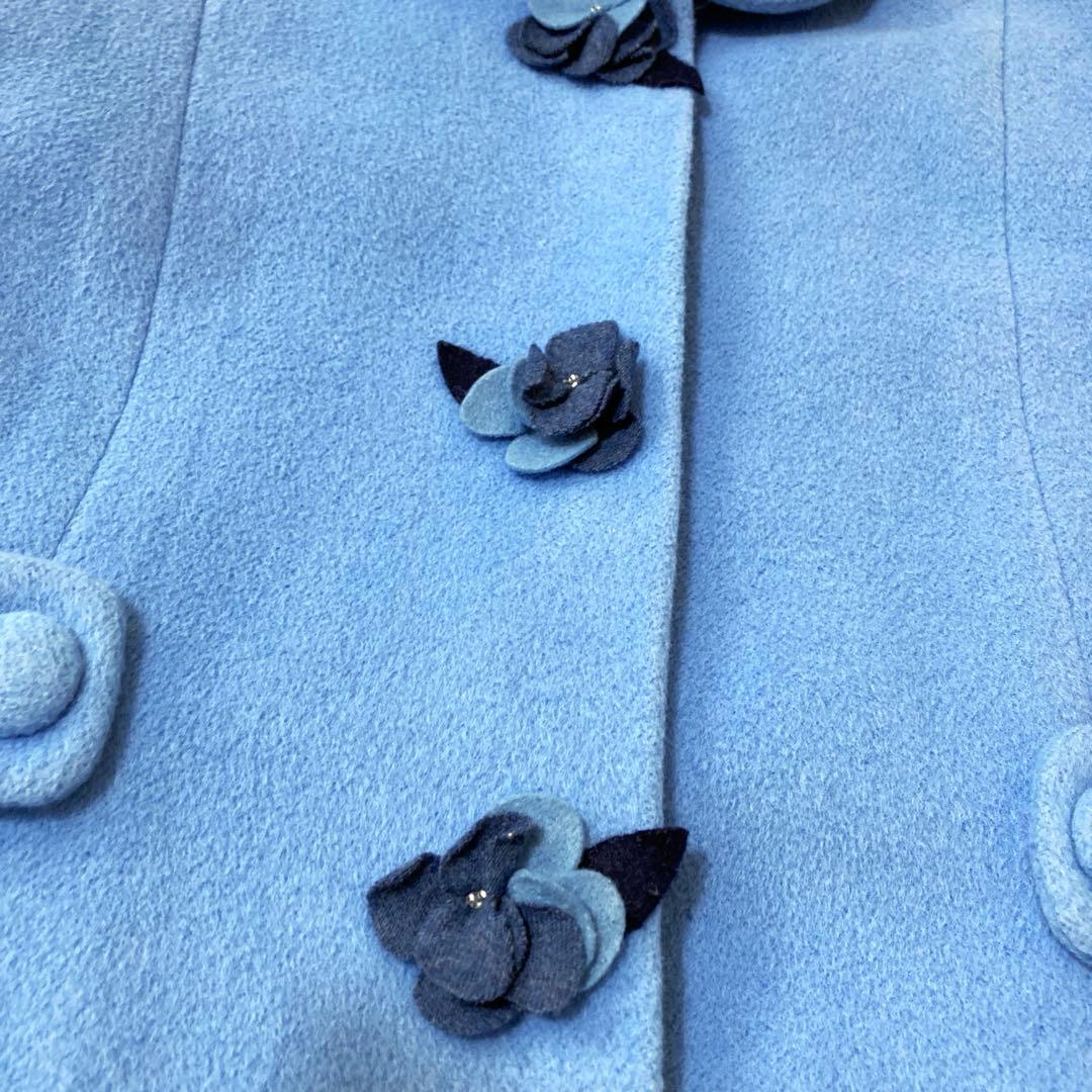 美品♡ ファミリア ロングコート お花 女の子 水色 アンゴラ混 ウール 140