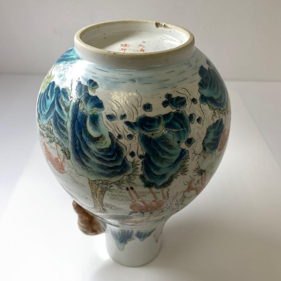 専用　中国清時代大清乾隆年製粉彩鹿の図花瓶　高さ21.3㎝東Y7-0314☆2F