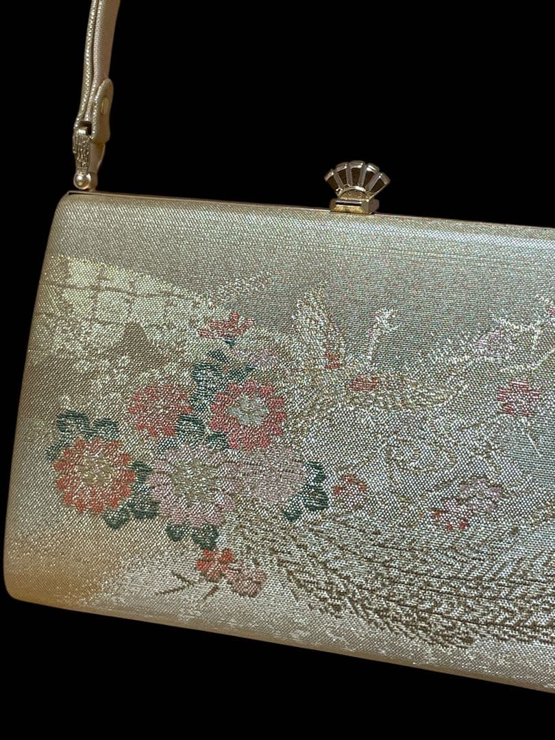 上品✨草履と和装バッグセット【木箱、手鏡付】帯地の淡いゴールド　金銀刺繍