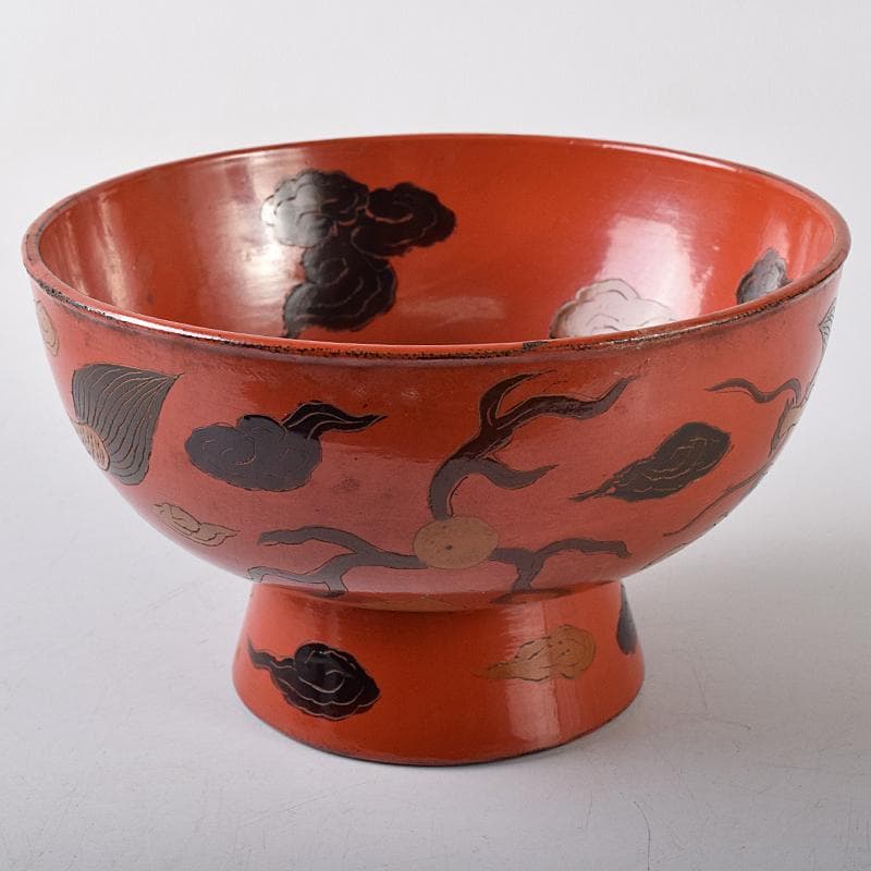古民具　根来塗　雲龍文彫　椀　時代箱付　V　R8441