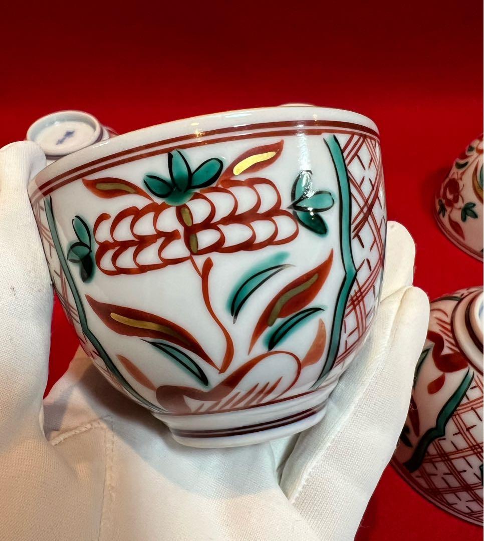 京焼 清水焼 薄胎 赤絵貼金 汲出碗揃五客 陵泉造　茶道具