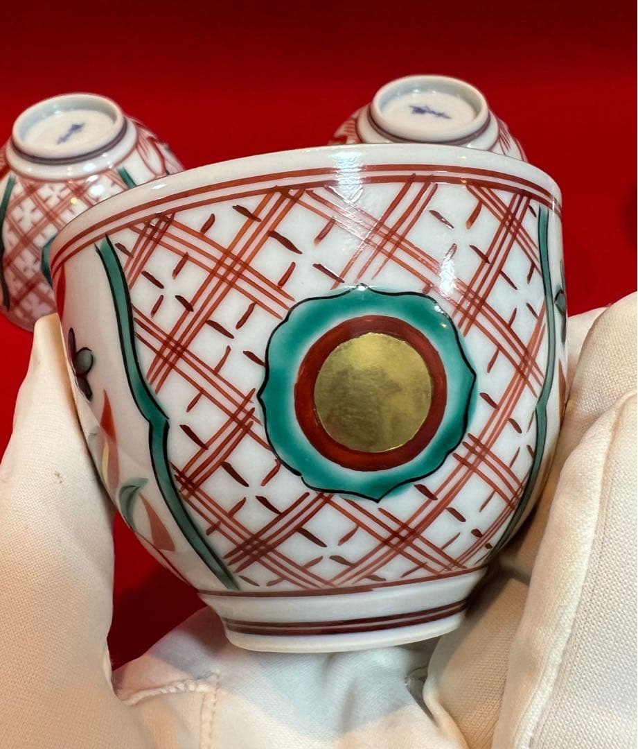 京焼 清水焼 薄胎 赤絵貼金 汲出碗揃五客 陵泉造　茶道具