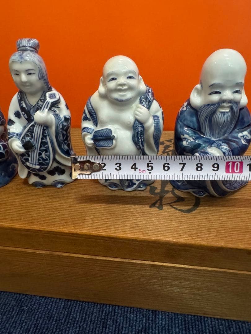 1573  源右衛門 染付七福神 置物 青  共箱 縁起物 オブジェ 飾り物