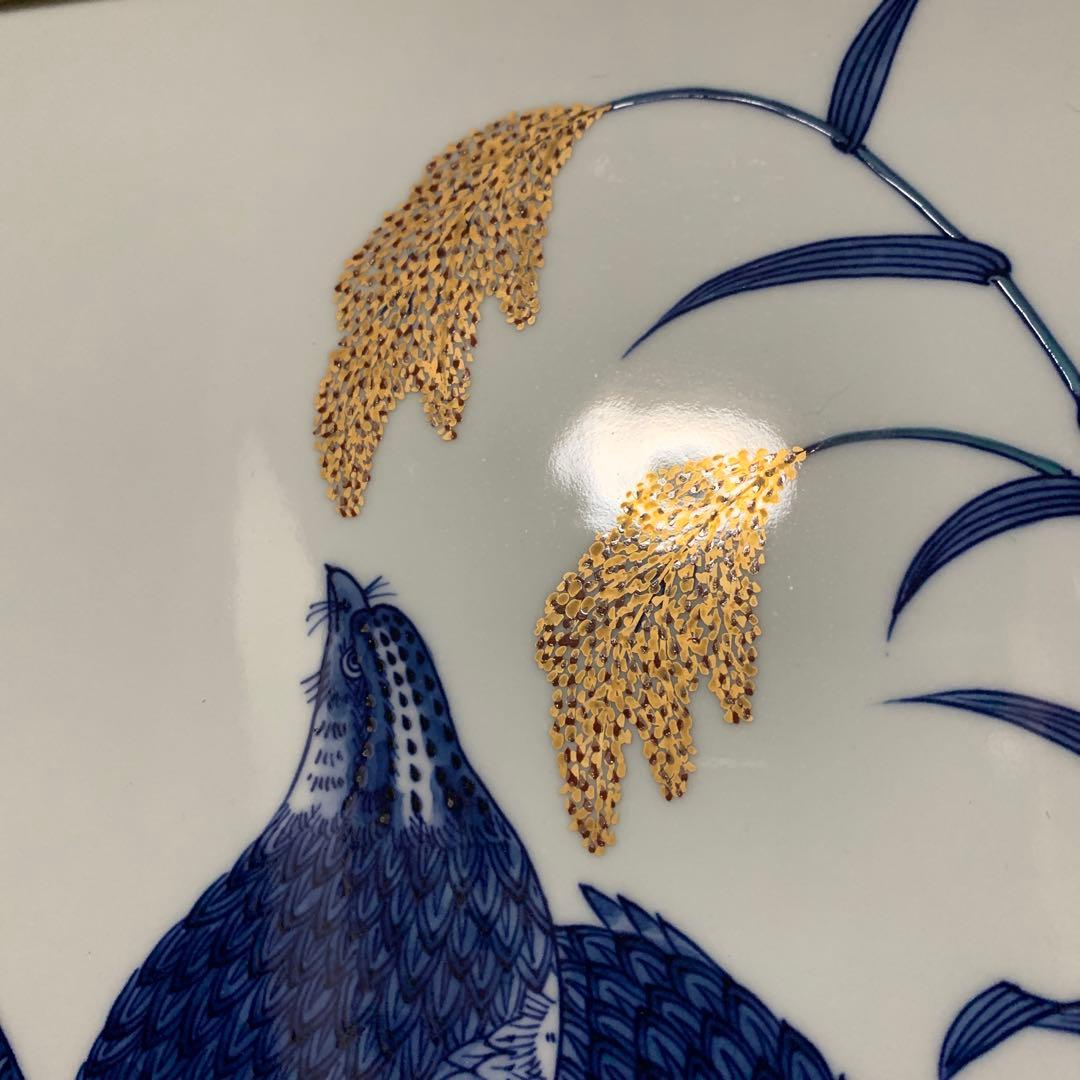 有田焼 源右衛門窯 陶額 陶板画 鶉 金彩染付 染錦粟に鶉絵