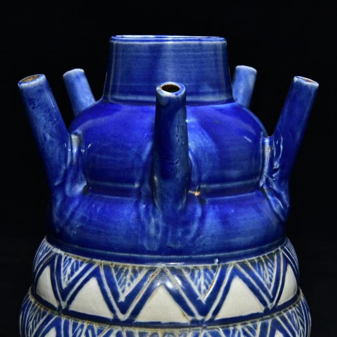 中国古美術・旧蔵の陶磁器:五連管瓶・13x23cm・茶道具・案頭・置物・文房具