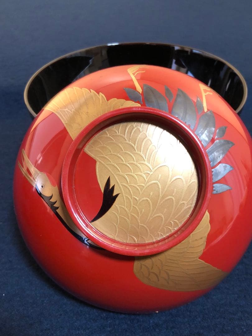 割引❗️《R》日の出椀5客 鶴波蒔絵 吸物椀 木製漆器 時代 251218か1