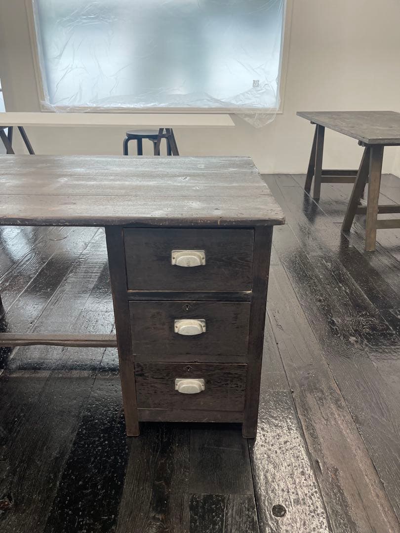 昭和初期アンティークデスク ダークブラウン 木製デスク 6引き出し