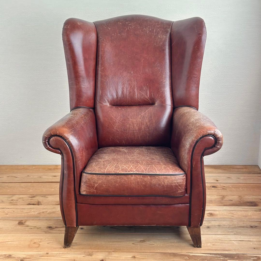 ヴィンテージ　ブラウンレザー　ウィングバックソファ