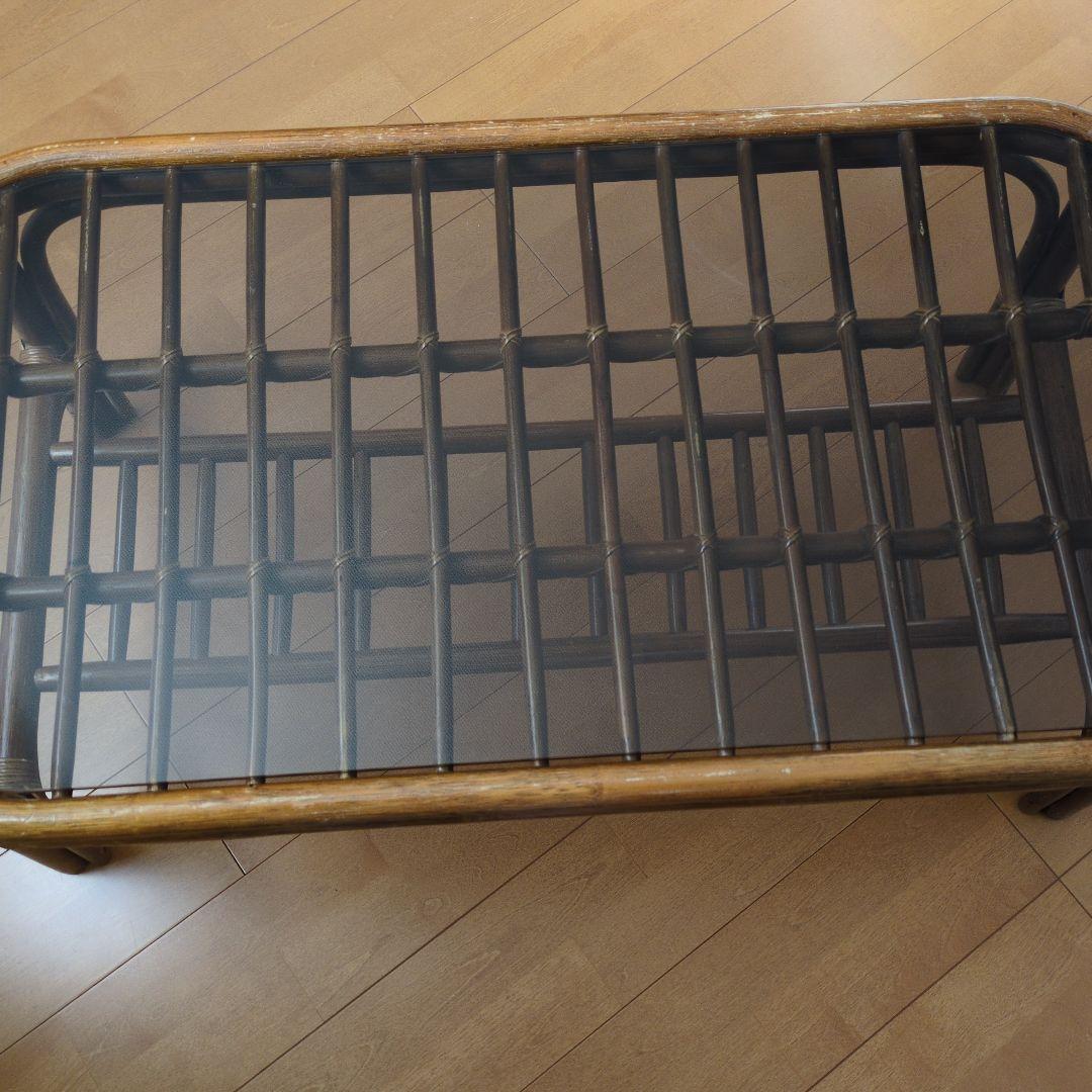 コスガ製、籐ガラス天板ロ―テーブル