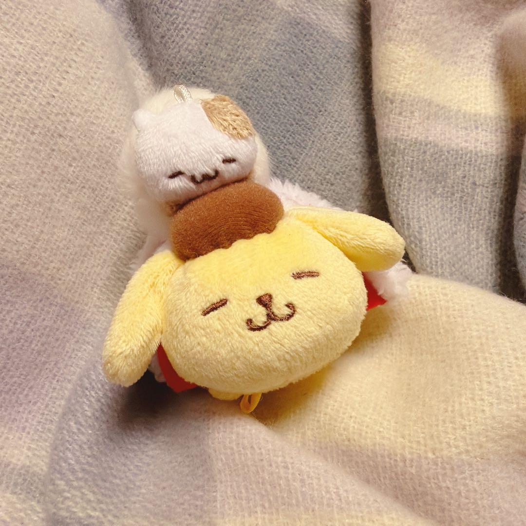 ポムポムプリンカフェ　マスコット　マフィンと寝てる