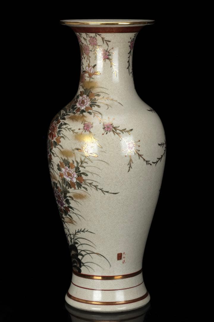 【豪華絢爛】薩摩焼 光山造 色絵金彩花鳥文飾壺 特大花瓶 高さ63.5㎝ 古美術