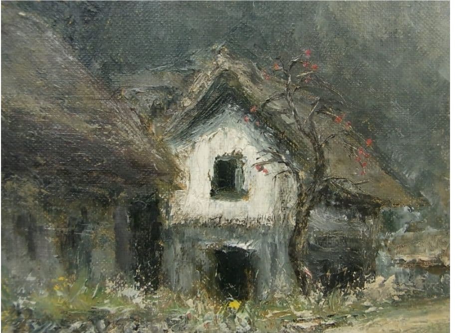 「田舎家風景」油彩 P6 額装サイン有⁰