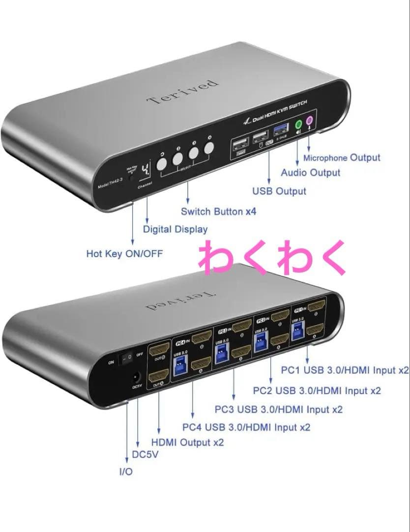 コンピューター4台、モニター2台、USB 3.0、HDMI KVMスイッチ