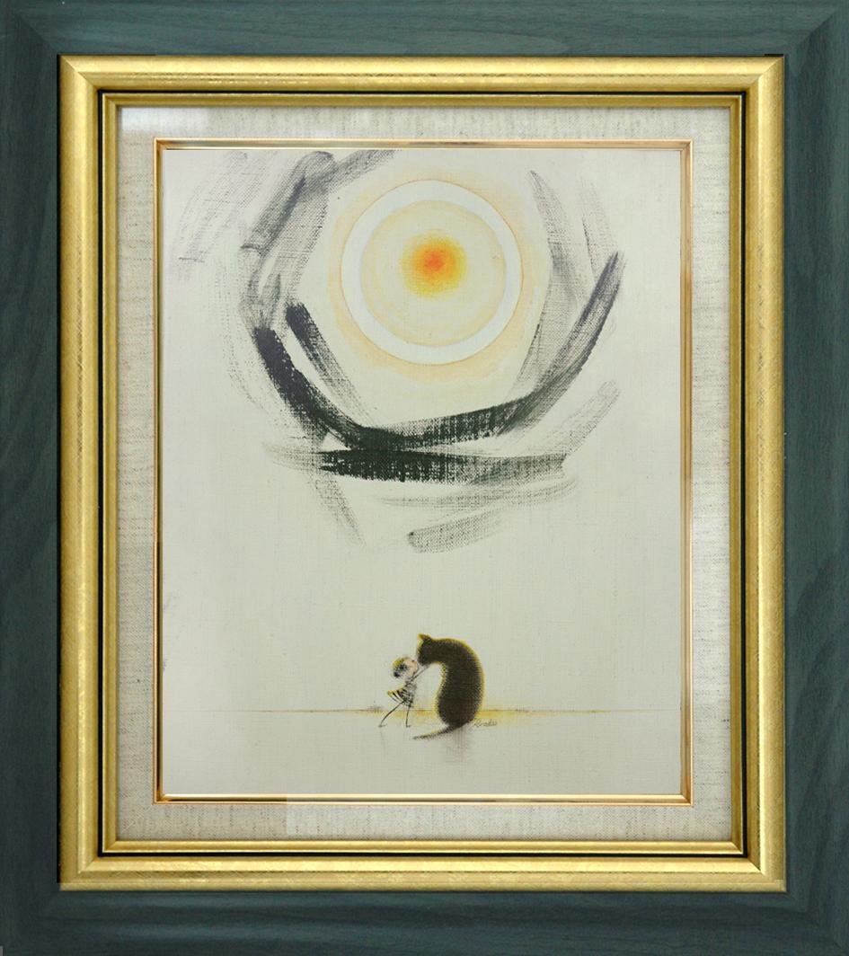 油絵 菅家令子 絵 絵画インテリア額付(黒) F3-092018 子犬猫と女の子