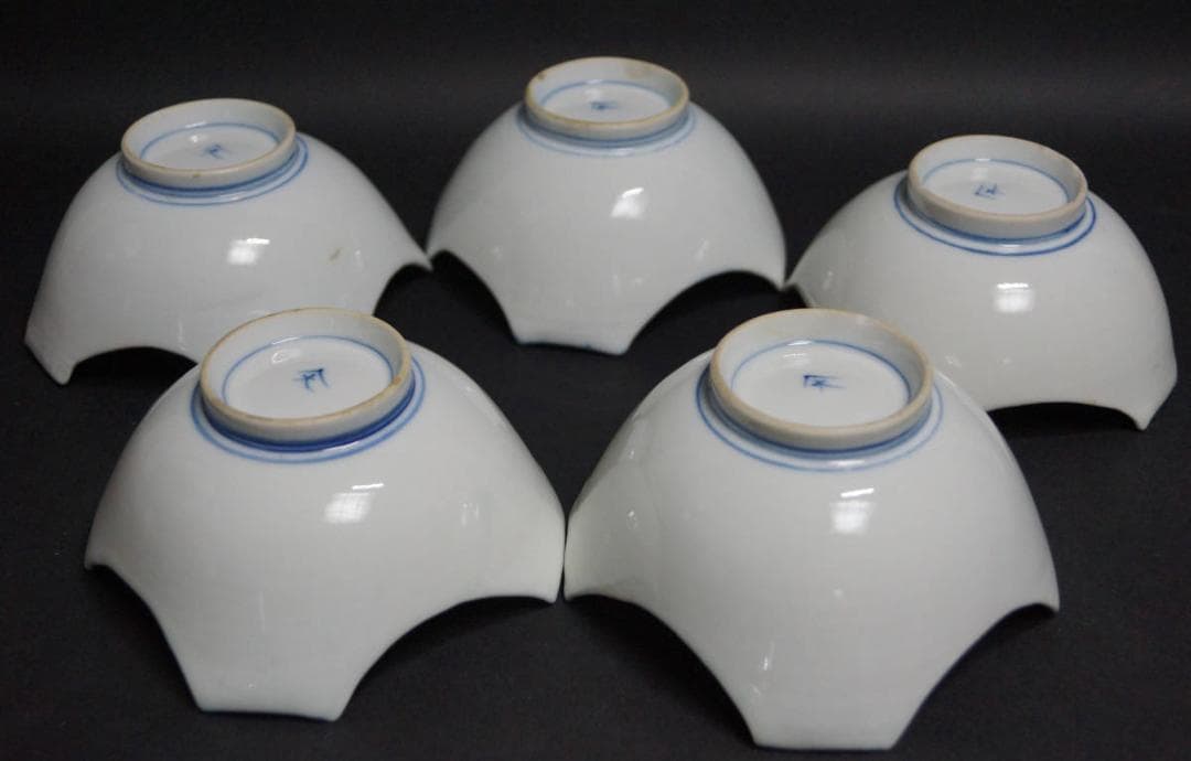 古伊万里焼 色絵『錦梅桃祥瑞文』割山椒向付(五客) 在銘 料亭 割烹 居酒屋