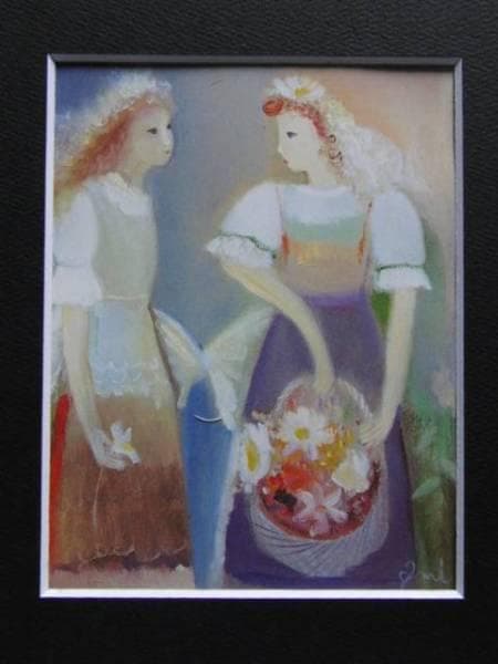 田口　亜美、花かご、希少な画集より、新品高級額装付、版上サイン入り