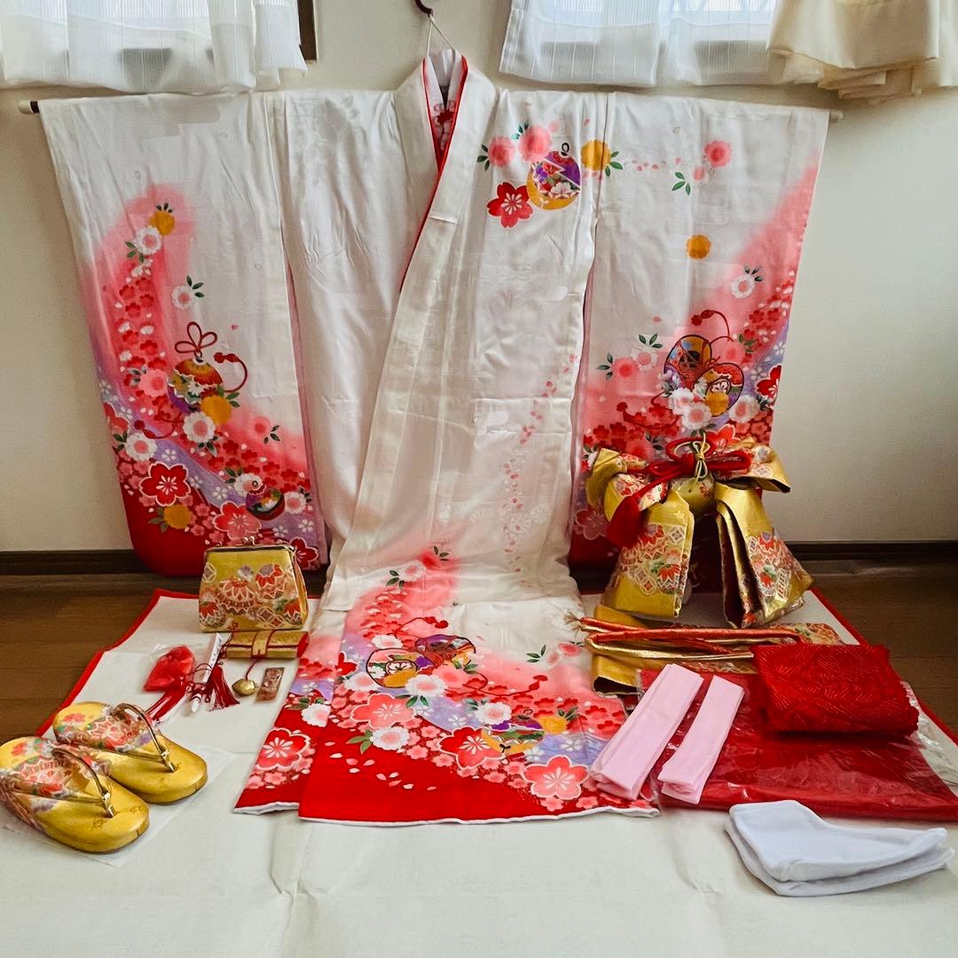 七五三　7歳　四つ身着物正絹　結び帯　草履バッグ　はこせこセット　帯揚げ　しごき