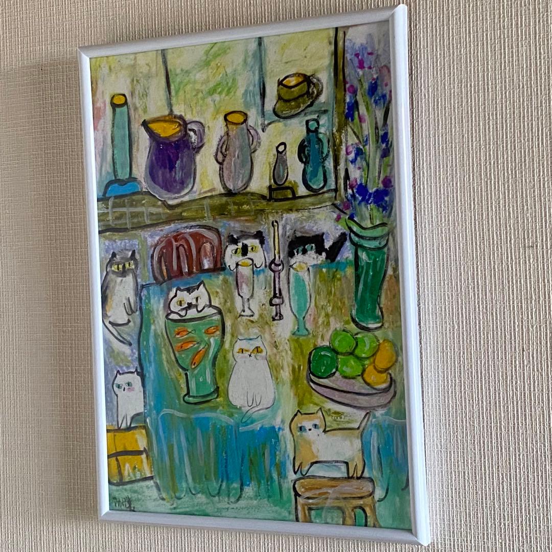 絵画 。手描き【水槽の中のきれいな金魚とかわいい猫たち】