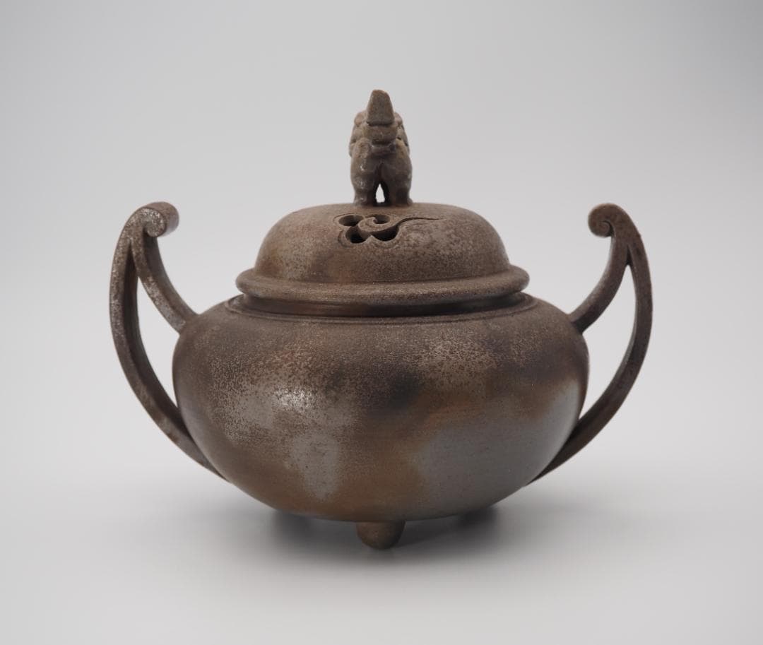 備前焼 古備前 初代小西陶古作 獅子摘蓋 双耳三足香炉