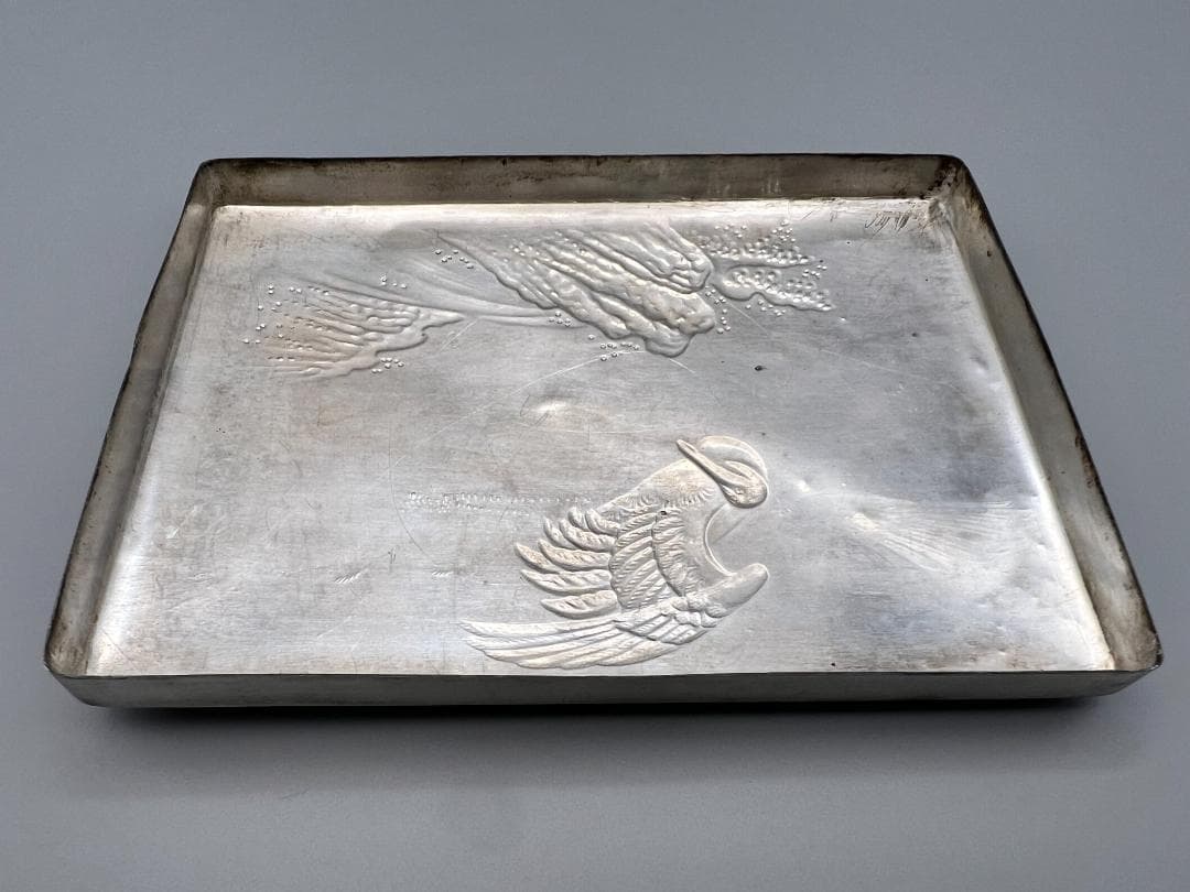 【海】銀製　秀山作　手彫　波鶴図　ケース　小箱　小物入れ　蓋のみ　約117g