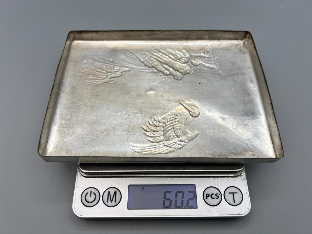 【海】銀製　秀山作　手彫　波鶴図　ケース　小箱　小物入れ　蓋のみ　約117g