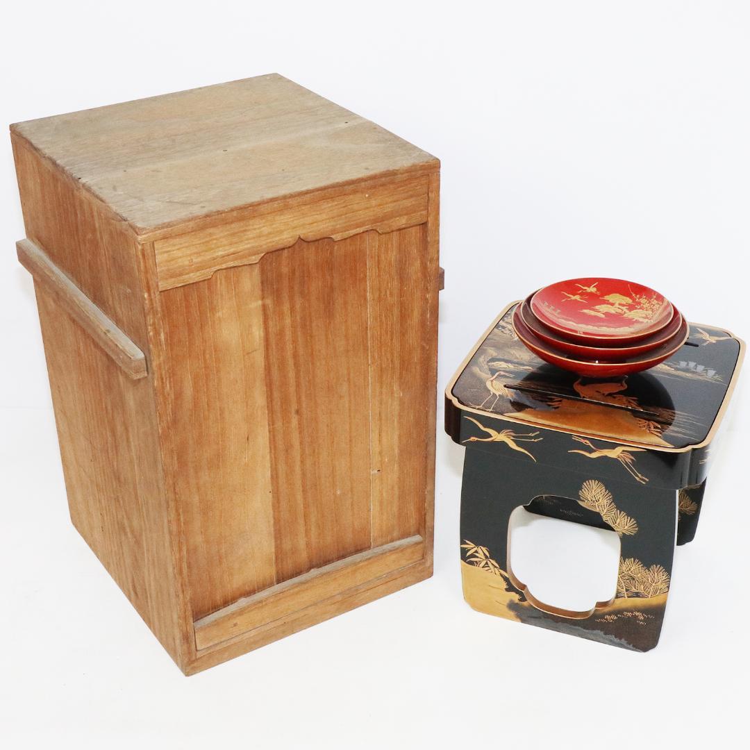 時代漆器 朱漆塗 鶴亀山水 松竹梅 縁起物 蒔絵 三ツ重盃 木製