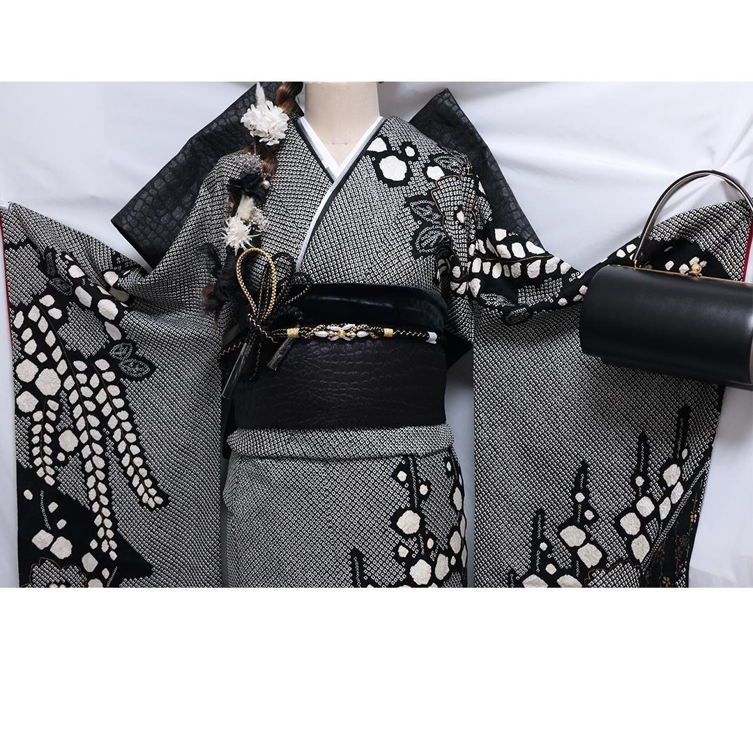 【良好】総絞り◆ 振袖セット ◆160.5cmフルセット黒成人式前撮り帯13Tq