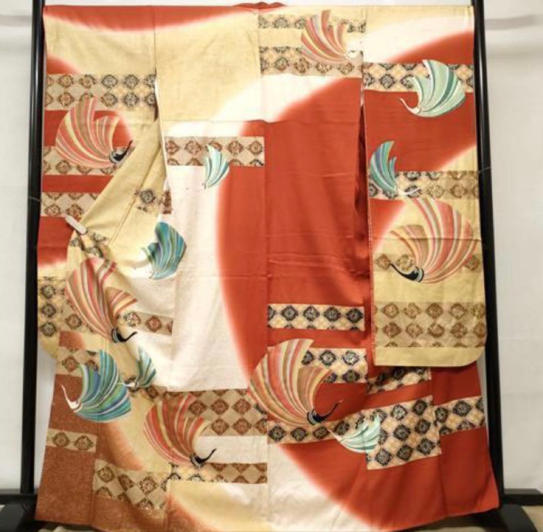 振袖フルセット6点サイズM〜Ｌ飛鶴菱花文　暈し染め　金銀彩　正絹