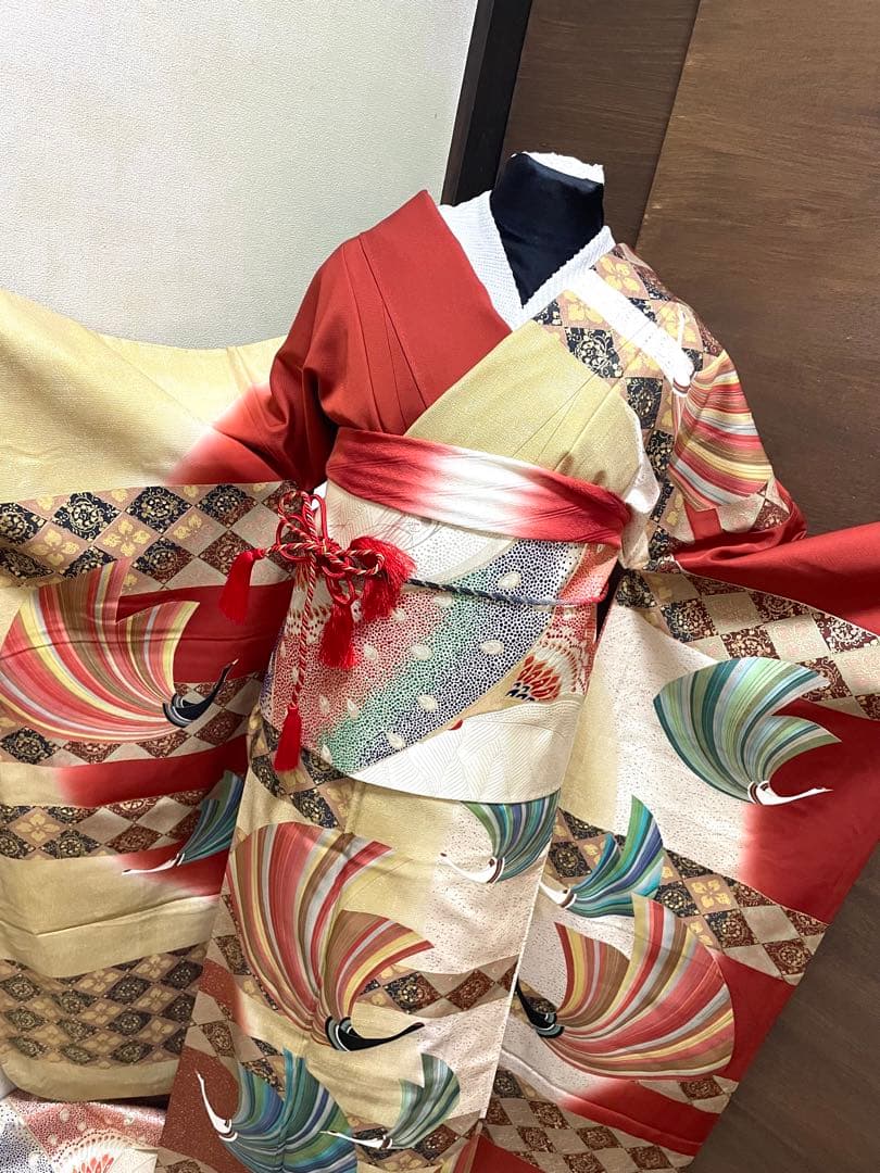振袖フルセット6点サイズM〜Ｌ飛鶴菱花文　暈し染め　金銀彩　正絹