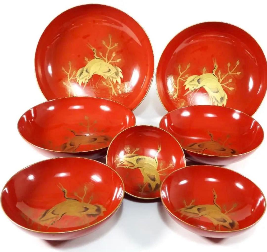 明治　朱塗　金蒔絵　漆器　木製　七ツ組　雅な雰囲気漂う盃 7点セット