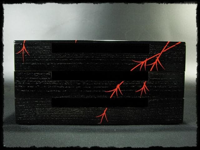 鵬雲斎好 田楽 菓子器 加州 賀峰 朱柳 掻合塗 三段重 裏千家茶道具 f301