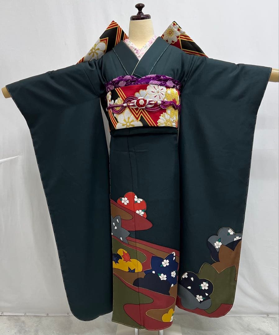 振り袖　フルセット　 玄才　金彩　しつけ付　成人式　深緑　全通長尺袋帯　590