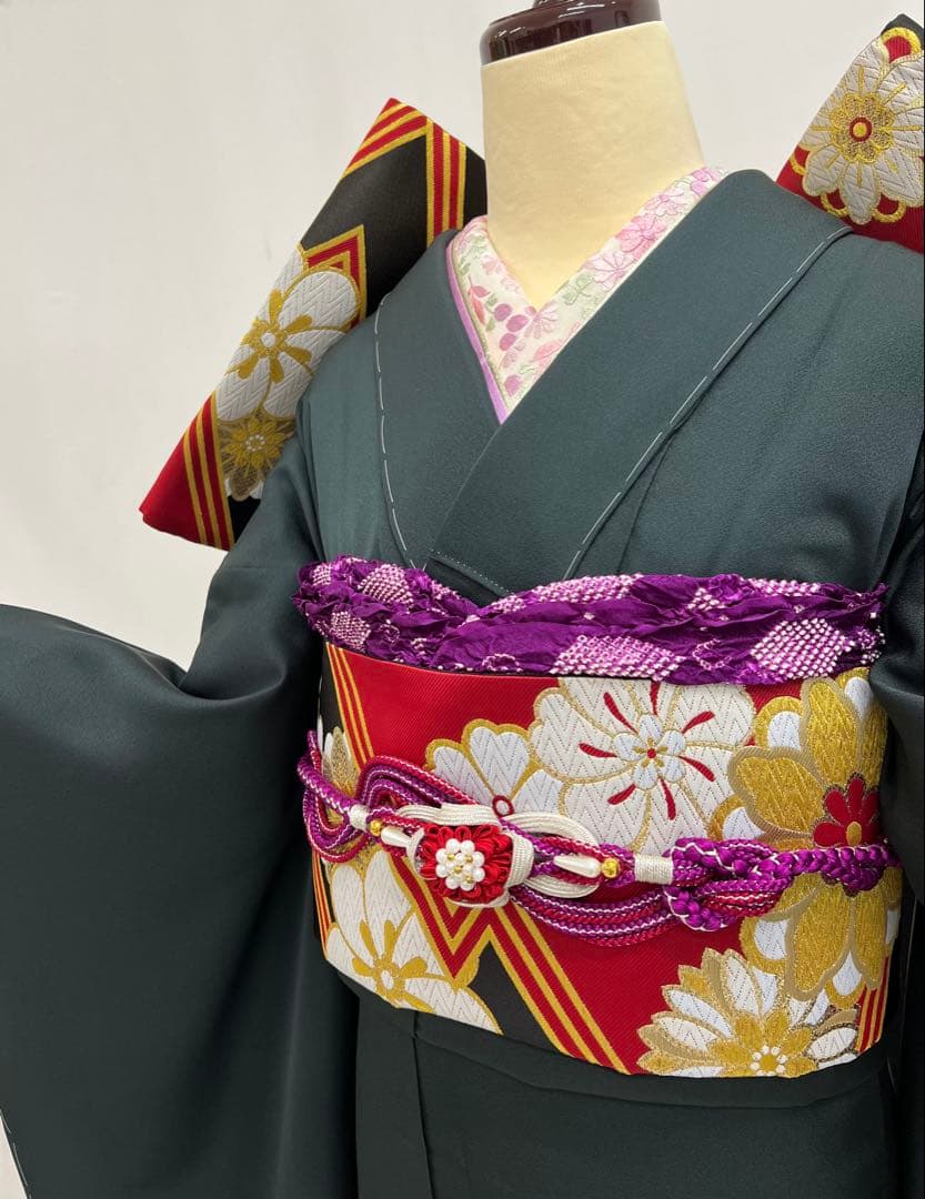 振り袖　フルセット　 玄才　金彩　しつけ付　成人式　深緑　全通長尺袋帯　590